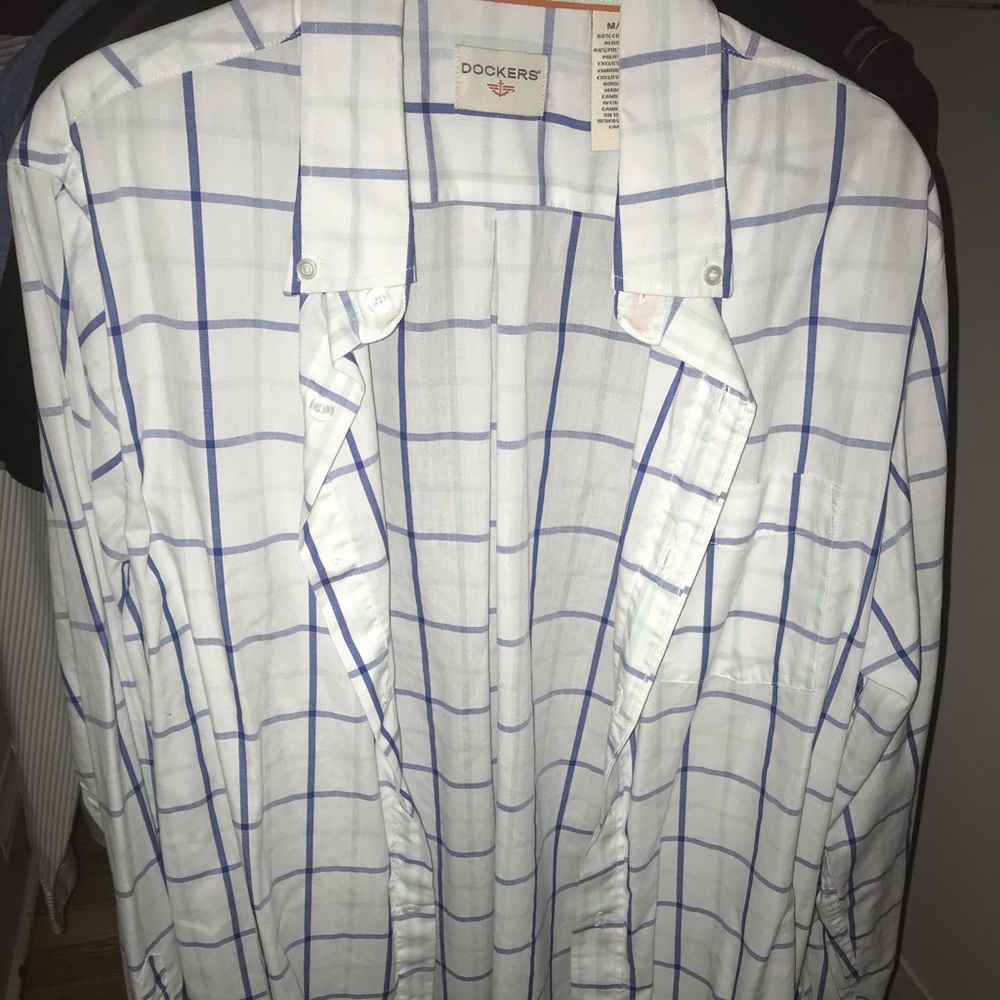 White, blue and sea green button up